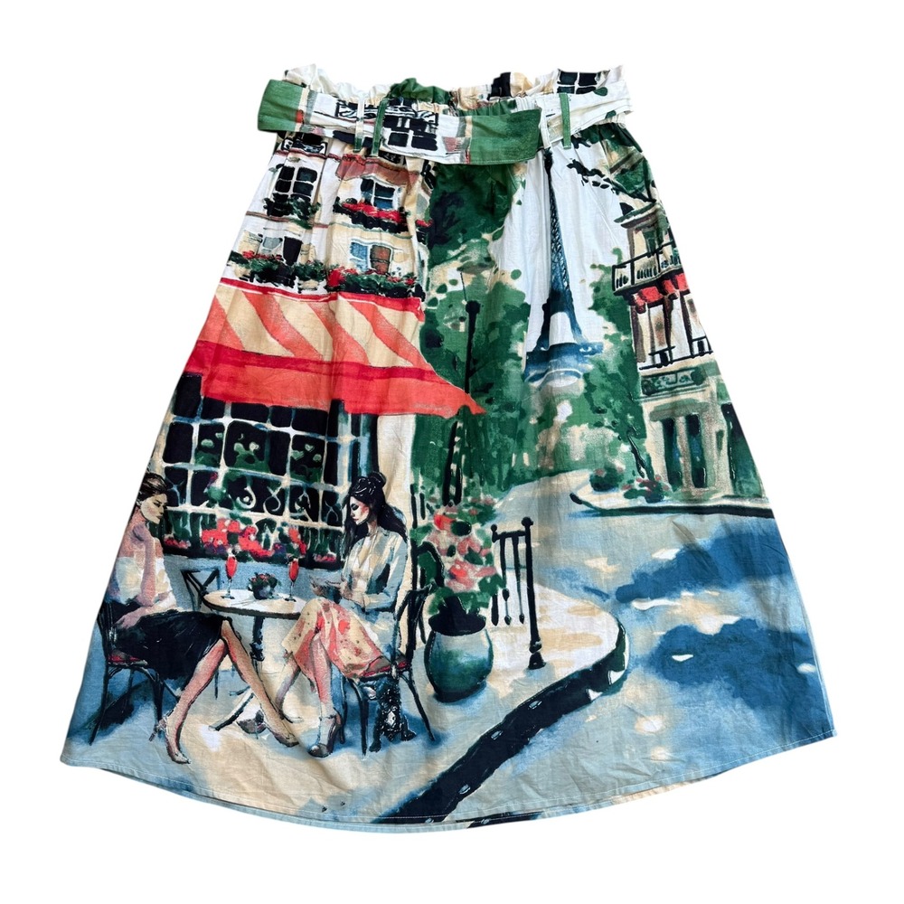 Her Destiny Paris Eiffel Tower Cafe Scene Cotton Paperbag Midi Skirt Womens M